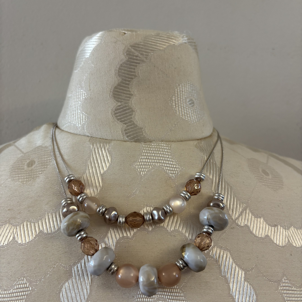 Layered Chunky Neutral Faux Stone Necklace Silver Tone